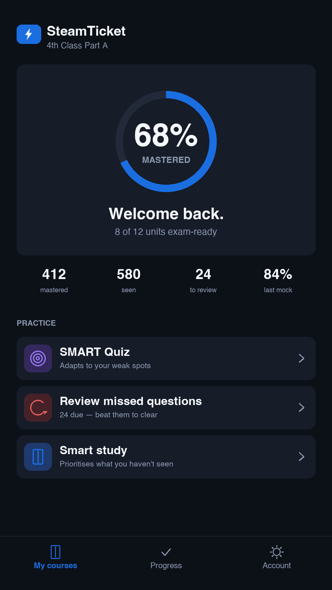 The SteamTicket app open on an iPhone, showing a course dashboard